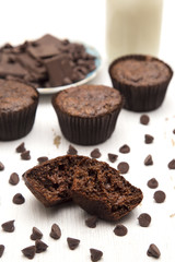 Whole Wheat Double Chocolate Chip Muffins on a Rustic White Wood Table