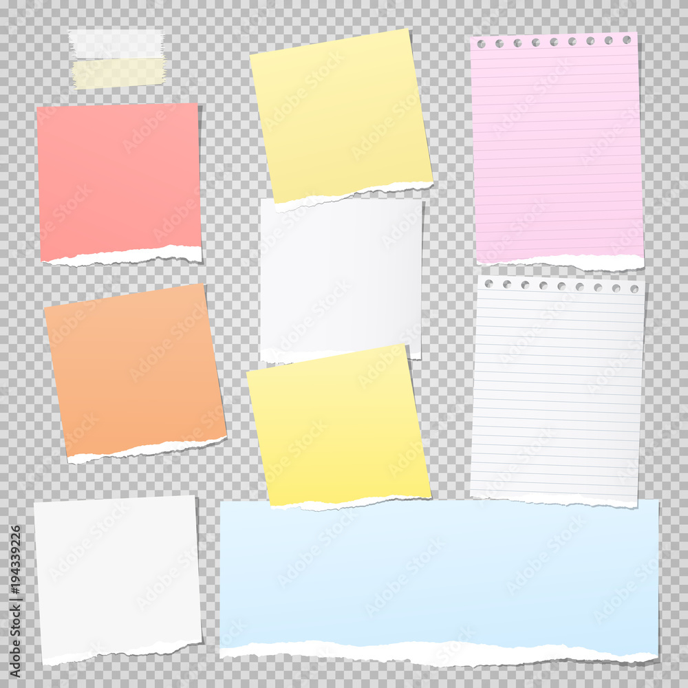 Aufkleber pieces of torn colorful note, notebook paper strips for text stuck on gray squared background. vecto