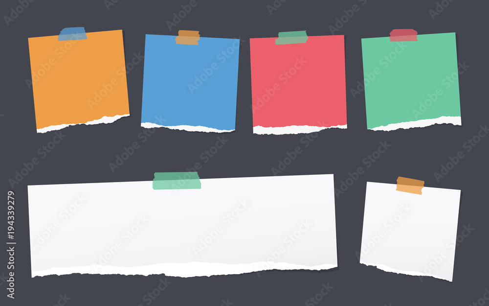 Poster torn colorful bright note, notebook paper strips for text stuck with adhesive tape on black backgrou