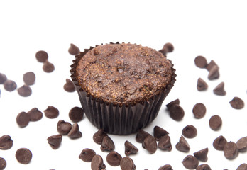 Whole Wheat Double Chocolate Chip Muffins Isolated on a White Background
