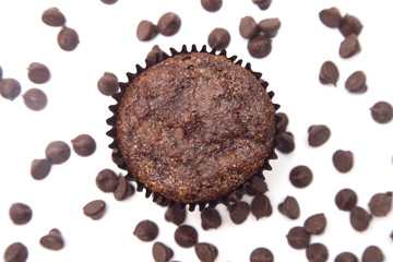 Whole Wheat Double Chocolate Chip Muffins Isolated on a White Background