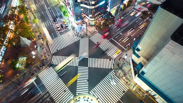 Time-lapse of a busy interestion in Ginza, Tokyo at night