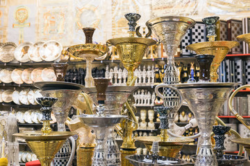 Hookahs in the market.Traditional arabic shisha pipes hookah. Water Pipes