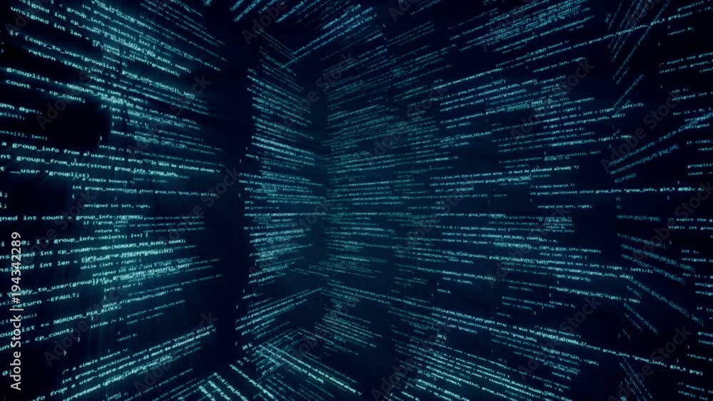 Poster virtual space with running code in the form of cubes