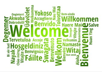 WELCOME word cloud in different languages, concept green low poly background