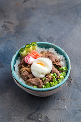 Gyudon bowl or beef and rice dish isolated, copyspace