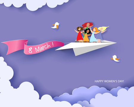 Card for 8 March womens day. Happy women different nationalities flying on paper airplane. Vector illustration. Paper cut and craft style.
