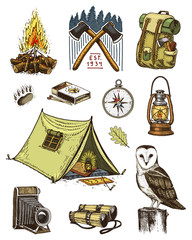 camping equipment set, outdoor adventure, hiking. Traveling man with luggage. tourism trip. engraved hand drawn in old sketch. owl and binoculars, camera and badge with ax, sandwich. backpack and tent