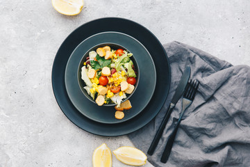 Salad with fresh summer vegetables, top view