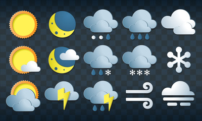 Vector weather icons set in paper cut style