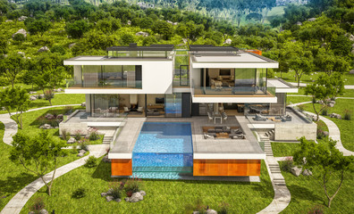 3d rendering of modern house by the river