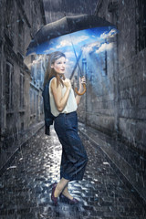 Girl under a magic umbrella.