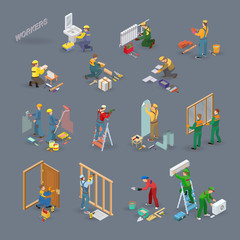 Home repair isometric icons set with workers, tools.