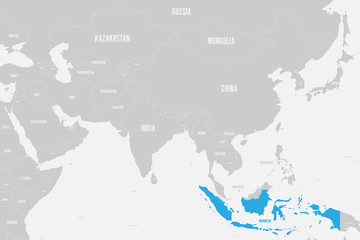 Indonesia blue marked in political map of Southern Asia. Vector illustration.