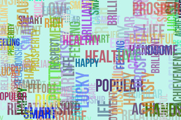 Fototapeta premium Happy word cloud, for design wallpaper, texture or background. Shape, pattern, clever, pretty, prosperity & care.