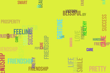 Obraz premium Happy word cloud, for design wallpaper, texture or background. Shape, pattern, rich, happy, friendship & pretty.