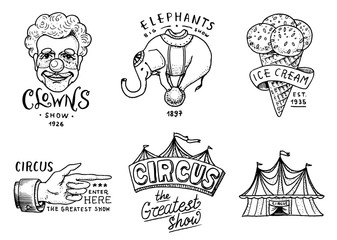 Carnival Circus badge. Banner or poster with animals. clown and elephant, ice cream and focus, magic in the tent. festival with actors. engraved emblem hand drawn. entertainment, theater and marquee.