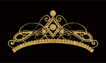 Glittering Diadem. Golden tiara isolated on black background. - 194345850