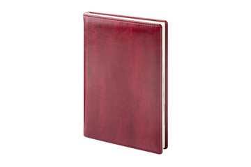 red notebook diary, standing position, on white isolated background