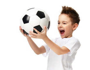 Fan sport boy player hold soccer ball celebrating happy smiling laughing free text copy space