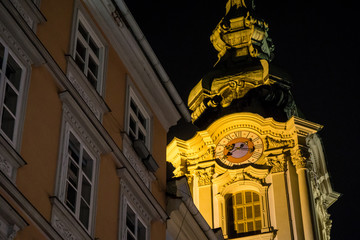 The spire of the Church of the Holy Blood illuminated at night