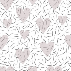 White seamless pattern with grey leaves and transparency hearts. Tender light background or wrapping paper. Element for your design, fabric, textile, cover, wrapping paper