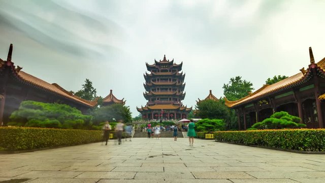 sunny day wuhan city famous yellow crane main temple front panorama 4k timelapse china
