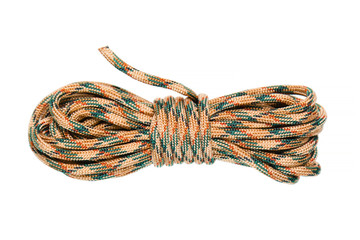 Skein of synthetic multicolored rope on a white background. Isolated object.