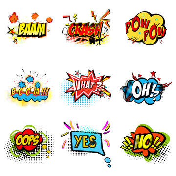 Pop art ilustration. Onomatopoeic expressions: crash, pow, boom, what, oh, oops, yes, no Vector cartoon explosions with different emotions isolated on white background