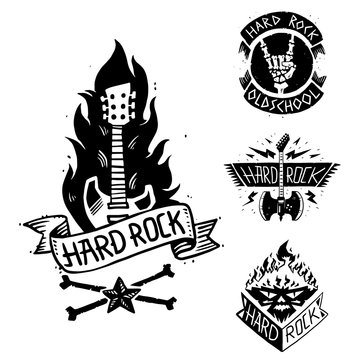 Heavy rock music vector badge vintage label with punk skull symbol hard rock-n-roll sound sticker emblem illustration