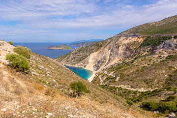 Mountain landscape of Kefalonia Island with Ionian Sea and Myrtos beach in background. Greece