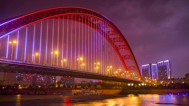 night illuminated wuhan city famous qingchuan bridge riverside bay panorama 4k timelapse china

