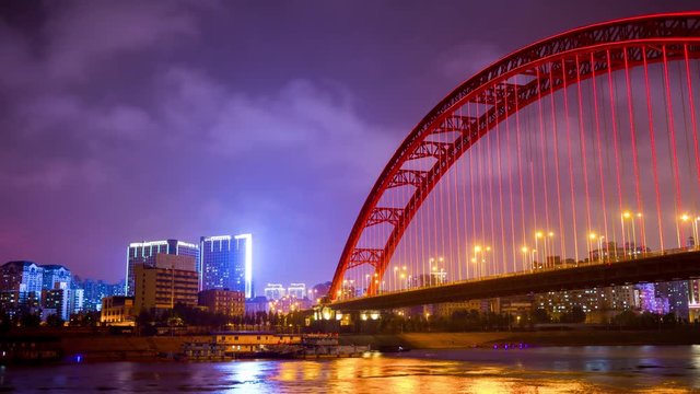 night illuminated wuhan city famous qingchuan bridge riverside bay panorama 4k timelapse china
