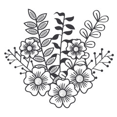 Rustic design with flowers branches and leaves over white background