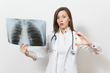 Doctor woman with hourglass, X-ray of lungs fluorography roentgen isolated on white background. Female doctor in medical gown stethoscope. Healthcare personnel time is running out medicine. Pneumonia.