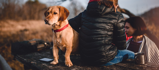Dog sitting at a picnic table with owners