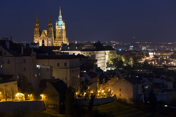 Fototapeta na wymiar Night winter Prague City with gothic Castle, Czech Republic
