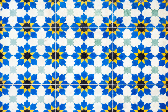 Morocco, Marrakech-Safi (Marrakesh-Tensift-El Haouz) region, Marrakesh. Colorful ceramic wall tiles at the Heritage Museum, housed in a restored historic riad.