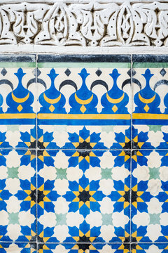 Morocco, Marrakech-Safi (Marrakesh-Tensift-El Haouz) region, Marrakesh. Colorful ceramic wall tiles at the Heritage Museum, housed in a restored historic riad.