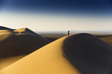 Fototapeta na wymiar Eine Asiatin auf der Spitze einer Sanddüne in der Wüste Gobi, Mongolei