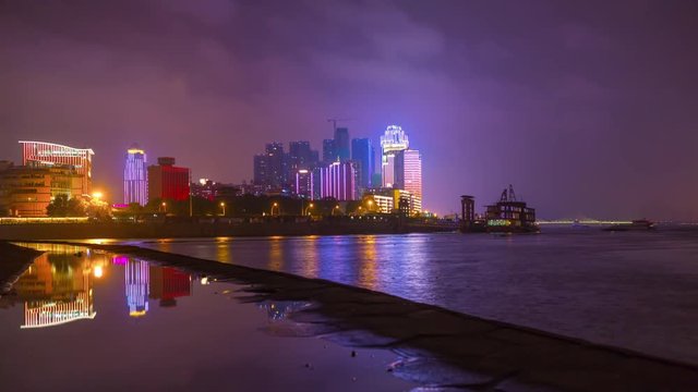 night illuminated wuhan industrial riverside bay panorama 4k timelapse china
