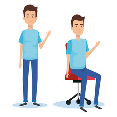 businessmen posing on office chair and stand vector illustration design