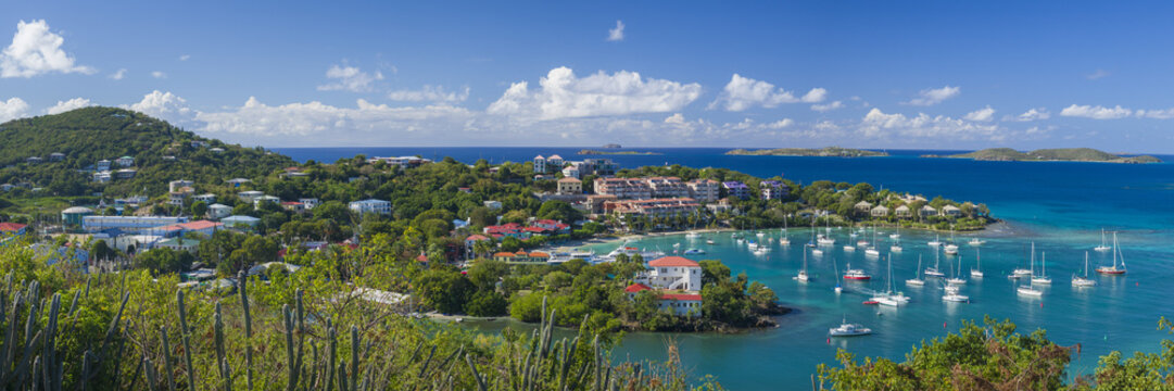 U.S. Virgin Islands, St. John, Cruz Bay, elevated town view with The Battery