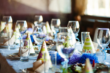 Empty glasses set in restaurant. birthday