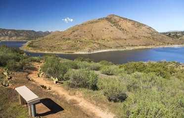 Scenic Landscape View of Lake Hodges and Bernardo Mountain with Picnic Bench in the Foreground San Diego County North Inland near California Interstate 15