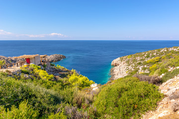 View of blue sea water near Korakonisi on western side of Zakynthos island. Zante, Greece