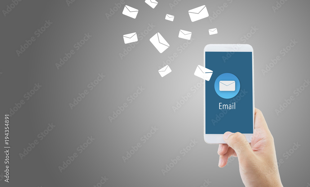Poster hand holding man check and sending message with email in a phone on blue background, communication c