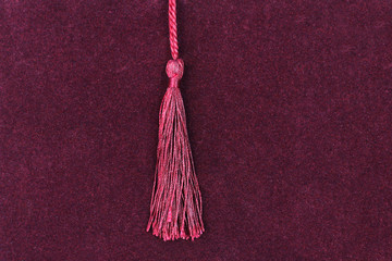 Silk tassel on red velvet as background.