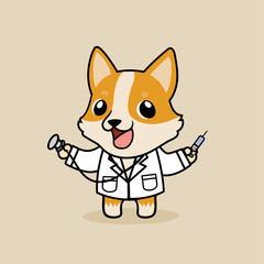 Cute cartoon character design Pembroke Welsh Corgi dog in Doctor costume 