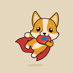Cute cartoon character design Pembroke Welsh Corgi dog dog super dog, playing Frisbee or flying plastic disc